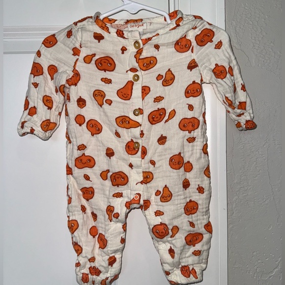 Limited Edition Orange Pumpkin Gourd Button Up Romper Baby 0-3 Long Sleeve Fall - Picture 2 of 8